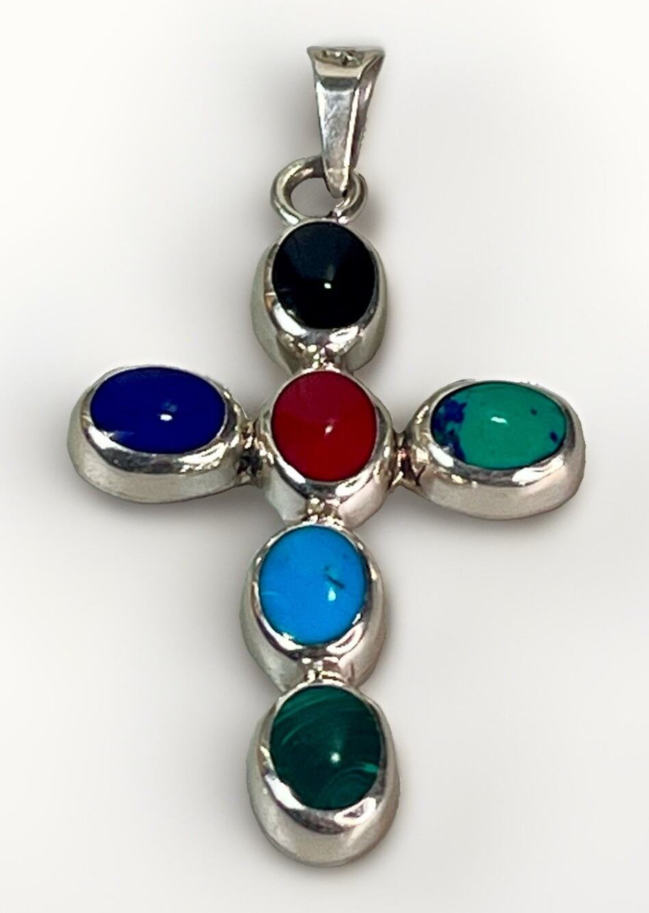 TAXCO Sterling Silver 925 Multi Gemstone Cross Pendant Vintage Signed 12.4g
